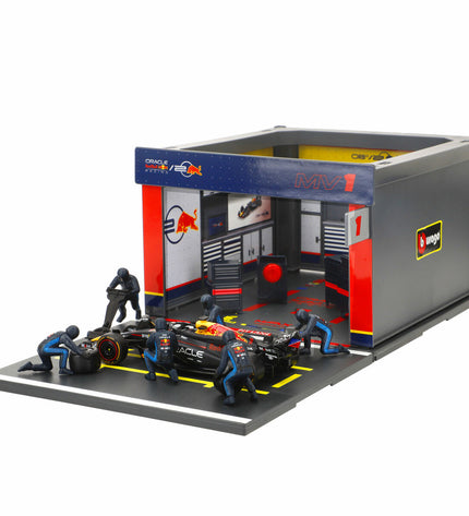 Set of four Red Bull Raceauto toy vehicles by BURAGO, detailed miniature racing cars for play and collection.
