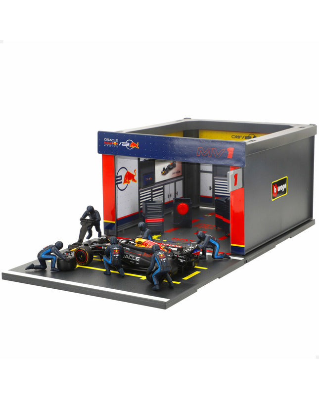 Set of four Red Bull Raceauto toy vehicles by BURAGO, detailed miniature racing cars for play and collection.