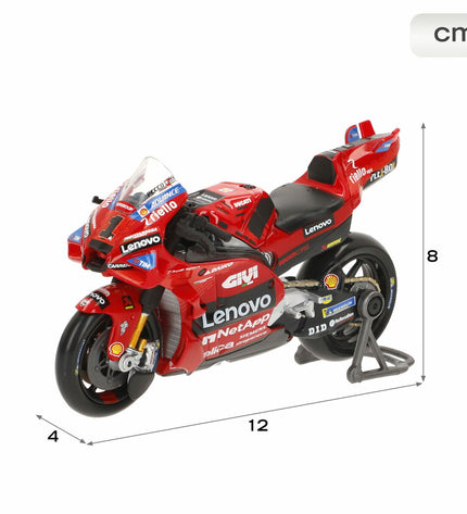 Maisto Ducati Lenovo motorbike toy model, 12x8x4 cm, detailed miniature vehicle in black and red with Ducati branding.
