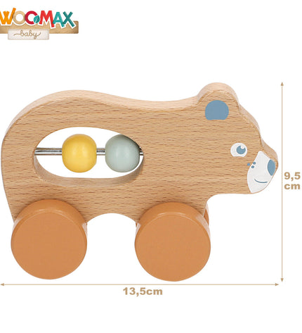 Set of four Woomax baby rattles, colorful plastic toys measuring 13.5 x 9.5 x 4.5 cm, designed for young children.