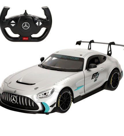 Two Mercedes Benz police toy cars with remote controls, detailed miniature vehicles for play and collection.