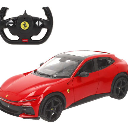 Two Ferrari remote control toy cars modeled after the Purosangue, measuring 34x11x14 cm, designed for children’s play.