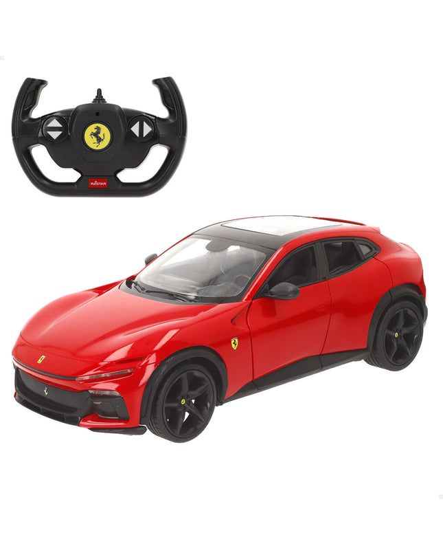 Two Ferrari remote control toy cars modeled after the Purosangue, measuring 34x11x14 cm, designed for children’s play.
