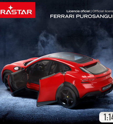 Two Ferrari remote control toy cars, PUROSANGUE model, 1:14 scale, detailed miniature vehicles for children, dimensions 34x11x14 cm.