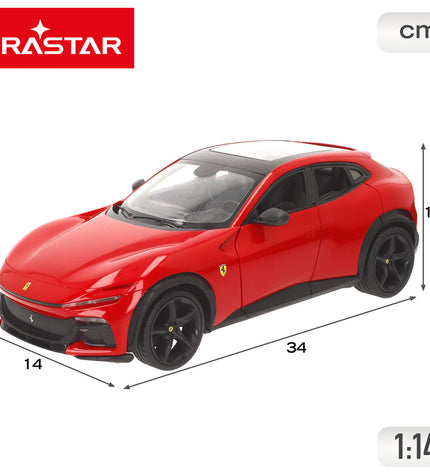 Two Ferrari Purosangue remote control toy cars in red, 1:14 scale, with detailed design and dimensions 34x11x14 cm.