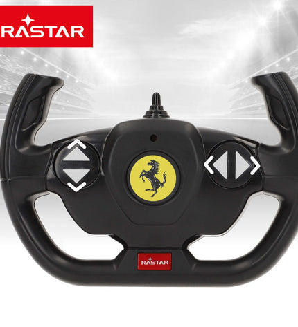 Two Ferrari PUROSANGUE remote control toy cars, 1:14 scale, red with detailed features, measuring 34x11x14 cm, suitable for kids.