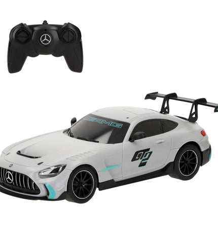 Set of four Mercedes Benz police car toys with remote control, detailed plastic vehicles for kids' play and collection.