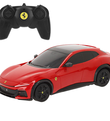 Set of four Ferrari remote control toy cars, Purosangue model, 1:24 scale, featuring detailed design and vibrant red color.