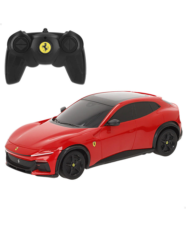 Set of four Ferrari remote control toy cars, Purosangue model, 1:24 scale, featuring detailed design and vibrant red color.