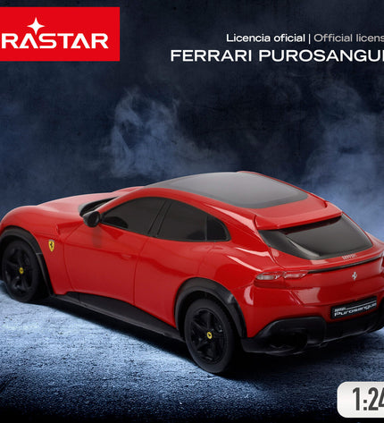 Four Ferrari remote control toy cars, PUROSANGUE model, 1:24 scale, measuring 20x6x9 cm, in vibrant red with detailed design.