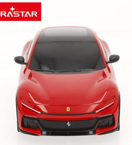 Four Ferrari remote control toy cars, PUROSANGUE model, 1:24 scale, black and red, detailed vehicle design on a white background.