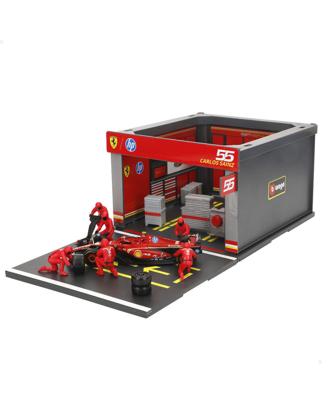 Four Ferrari toy trucks in vibrant red, detailed miniature vehicles from Ferrari for play or collection.