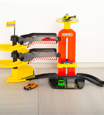 Toy parking garage set with vehicles, 53x30x24 cm, from BigBuy Kids, featuring colorful miniature cars and a multi-level play structure.