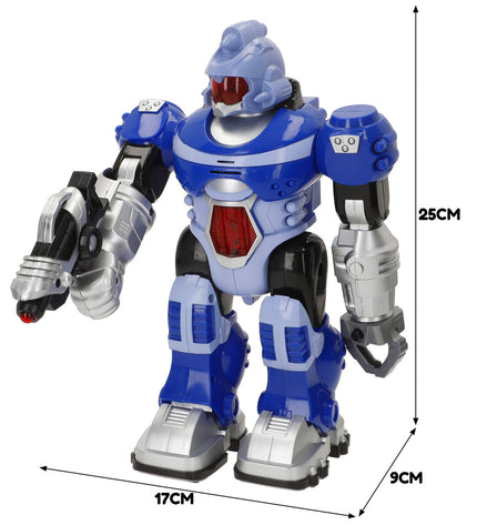 Colorbaby interactive robot toy, electronic plaything measuring 17x25x9 cm, with colorful features and playful design.