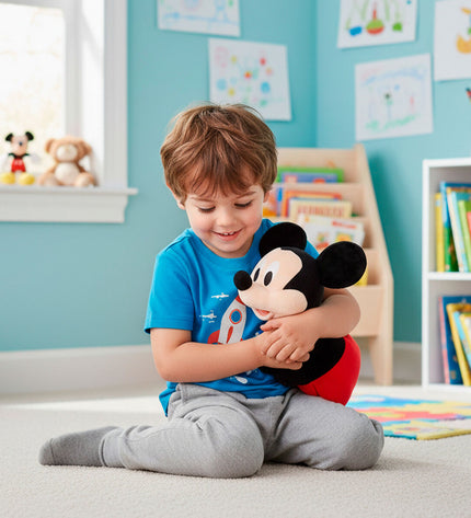 Four Mickey Mouse plush toys made of polyester, soft and cuddly, perfect for children’s toys and playtime.