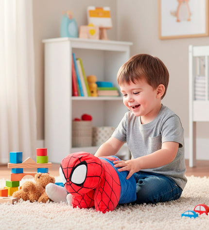 Set of four Spider-Man plush toys featuring soft polyester material, ideal for kids' toys and cuddly play.