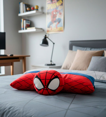 Four soft polyester Spider-Man plush toys, colorful and cuddly, perfect for kids’ play and comfort.