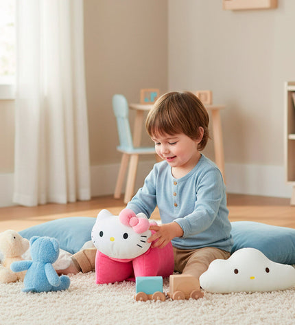 Set of four Hello Kitty plush toys made of polyester, soft and cuddly, perfect for kids’ play and comfort.