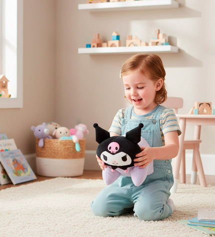 Set of four Kuromi plush toys made of polyester, soft and cuddly, ideal for children’s play and comfort.