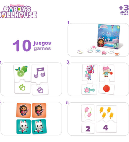 Set of six Gabby's Dollhouse dominoes featuring colorful, themed pieces from the Gabby's Dollhouse toy and game collection.