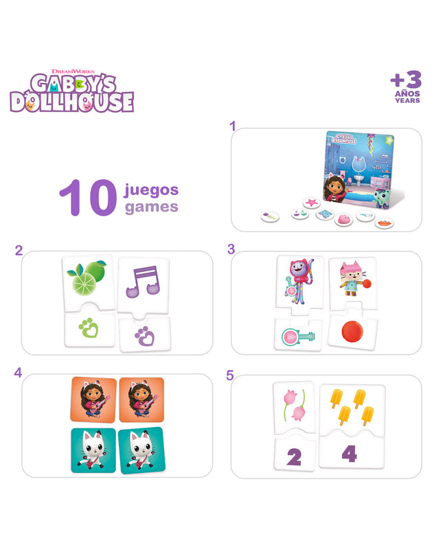 Set of six Gabby's Dollhouse dominoes featuring colorful, themed pieces from the Gabby's Dollhouse toy and game collection.