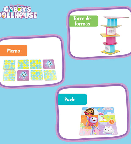 Six Gabby's Dollhouse domino pieces, colorful plastic toys for children, part of the Gabby's Dollhouse playset and game accessories.