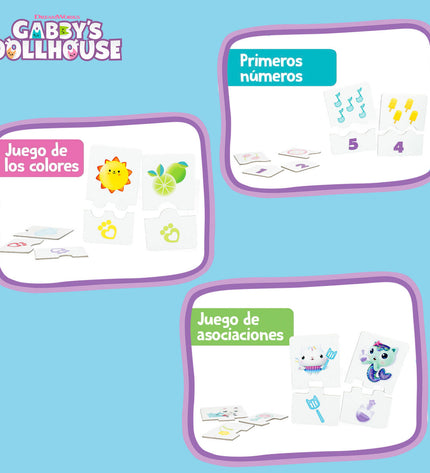 Six Gabby's Dollhouse domino pieces, colorful plastic game accessories for kids' gameplay and fun.
