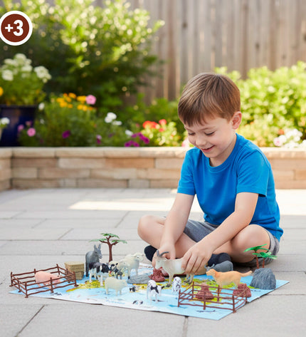 Set of four Colorbaby plastic farm animal figures, including cows, pigs, and chickens, for children's toys and play.