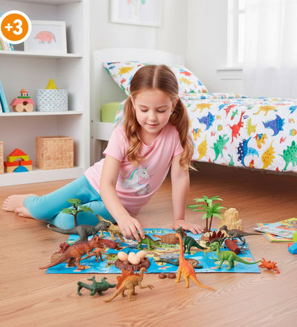 Set van 4 Colorbaby dinosaur speelgoed met 30 onderdelen, kleurrijk en gedetailleerd, geschikt voor kinderen, 18x10x6 cm.