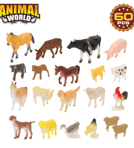 Colorbaby plastic farm animal set with four colorful toy figures, featuring detailed designs of chickens, cows, pigs, and sheep.