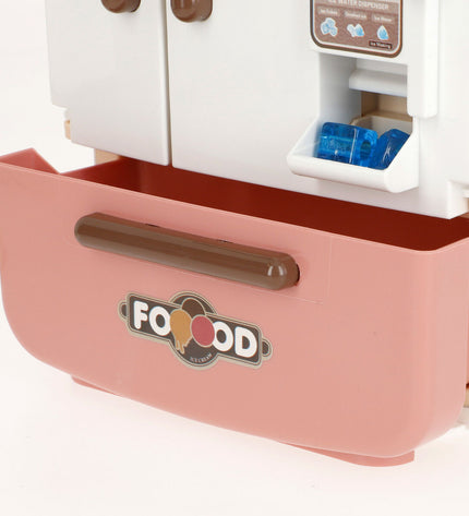 Colorbaby toy freezer set with 20 small parts, colorful plastic playset for pretend cooking and role-playing activities.