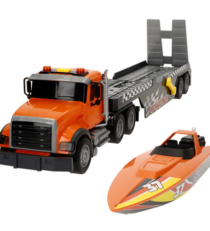 Pair of Speed & Go toy trucks, 53x15x10 cm, durable plastic vehicles for kids' play, featuring detailed truck designs.