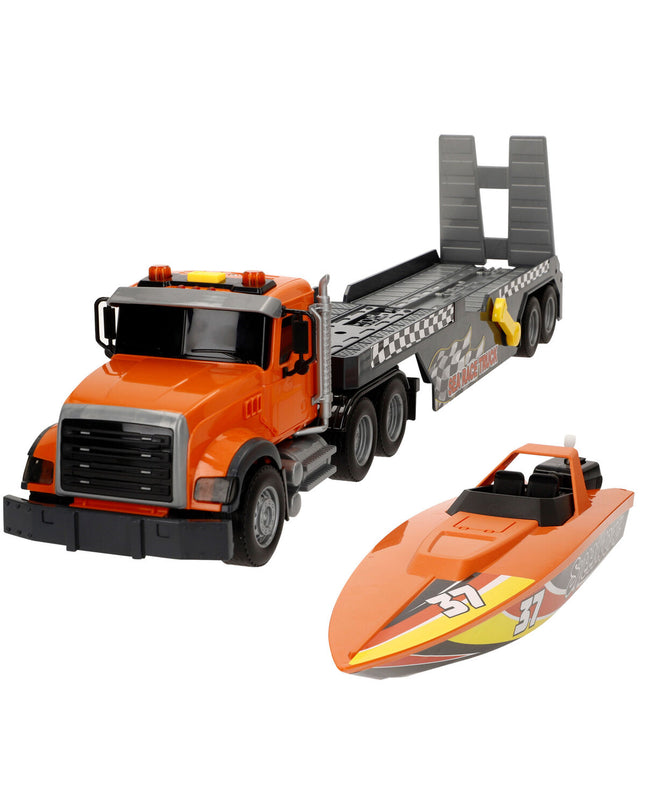 Pair of Speed & Go toy trucks, 53x15x10 cm, durable plastic vehicles for kids' play, featuring detailed truck designs.