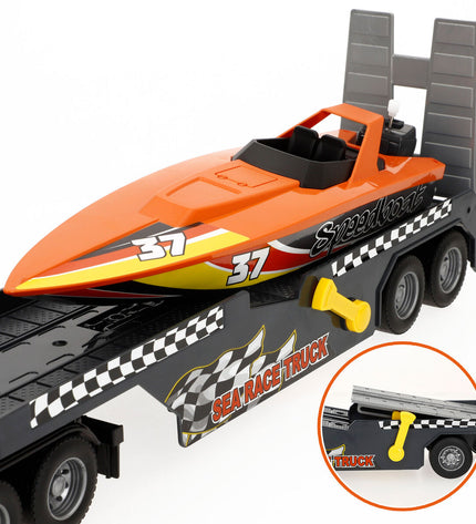 Two Speed & Go vrachtwagen toy carriers measuring 53 x 15 x 10 cm, designed for play and vehicle enthusiasts.