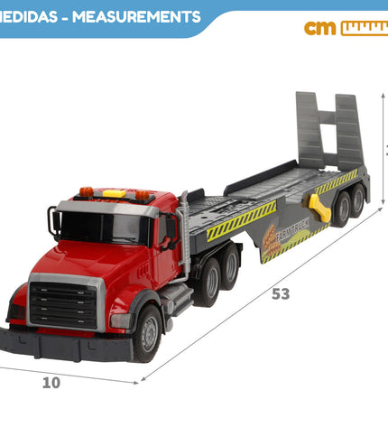 Two Speed & Go toy trucks, vrachtwagen model, measuring 53x15x10 cm, shown in a realistic play setting.