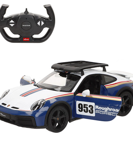 Two Porsche remote control police cars, 33x12x11 cm, colorful toy vehicles for children, detailed with police markings and antennas.