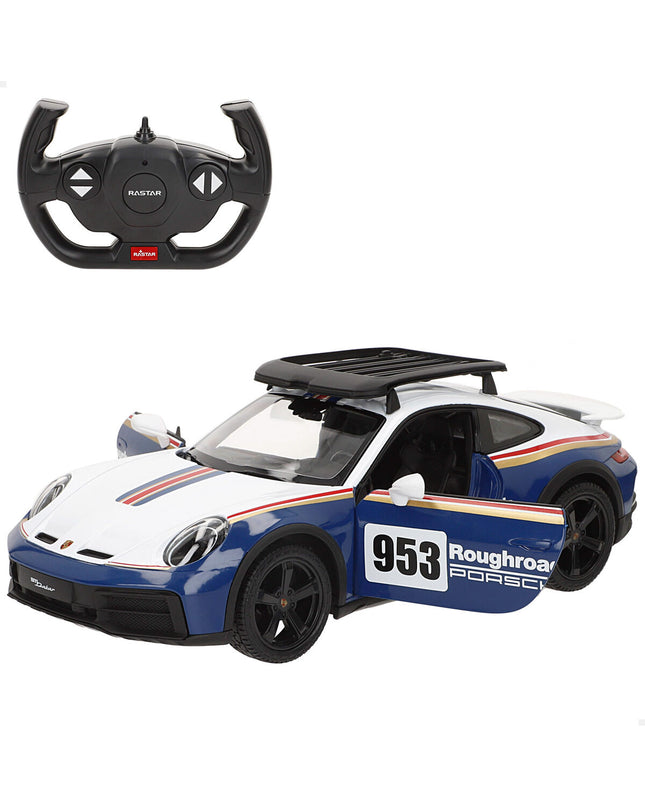 Two Porsche remote control police cars, 33x12x11 cm, colorful toy vehicles for children, detailed with police markings and antennas.