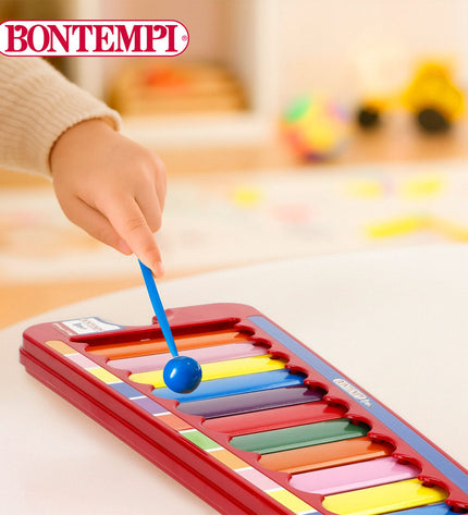 Set of six Bontempi metal and plastic xylophones, colorful children's musical instruments, measuring 31x2x13 cm each.