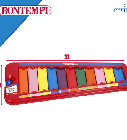 Set of six Bontempi Xylofoon musical toy instruments with metal and plastic bars, measuring 31x2x13 cm, for kids' play and learning.