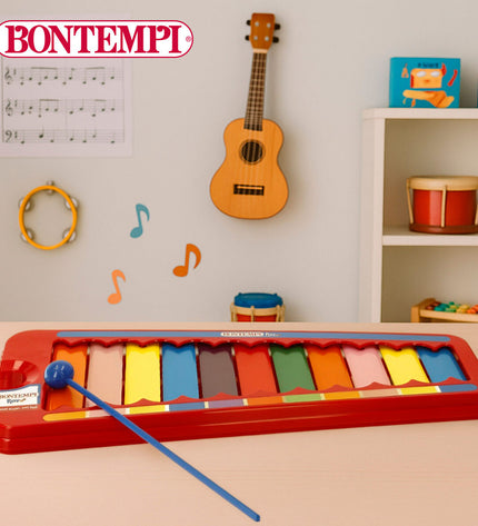 Set of six Bontempi metal and plastic xylophones for children, 31x2x13 cm, colorful musical toy instruments.