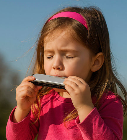 Bontempi harmonica for children, 18 x 2 x 3 cm, colorful musical toy with metal reeds and plastic cover.