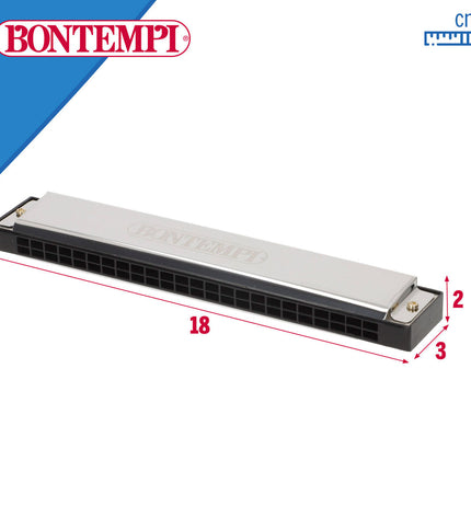 Bontempi 18x2x3 cm children's harmonica in bright colors, a musical toy for kids, with visible metal reeds and plastic body.