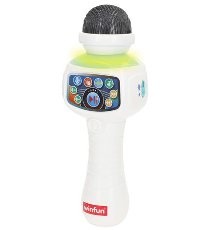 Set of four Winfun karaoke microphones, colorful electronic toy microphones for kids' singing and play activities.