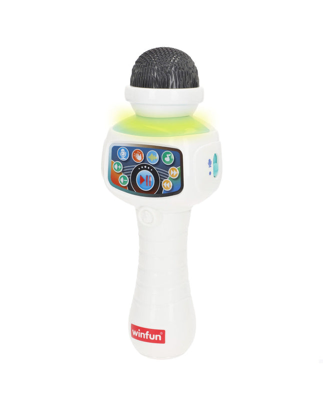 Set of four Winfun karaoke microphones, colorful electronic toy microphones for kids' singing and play activities.