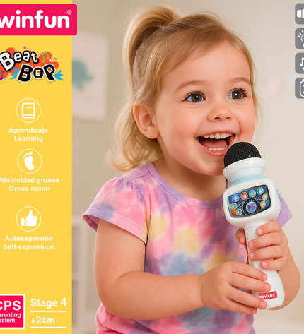 Winfun karaoke microphone toys set with four colorful electronic toy microphones for kids, ideal for singing and playing.
