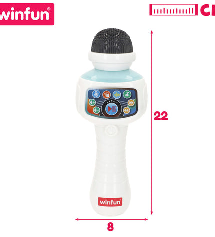 Winfun karaoke microphone set with four colorful electronic toys for kids, suitable for singing and play activities.