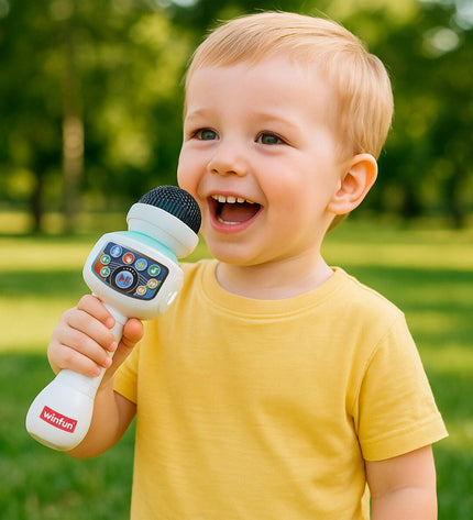 Set of four Winfun karaoke microphones, colorful electronic toy microphones for kids' singing and play.