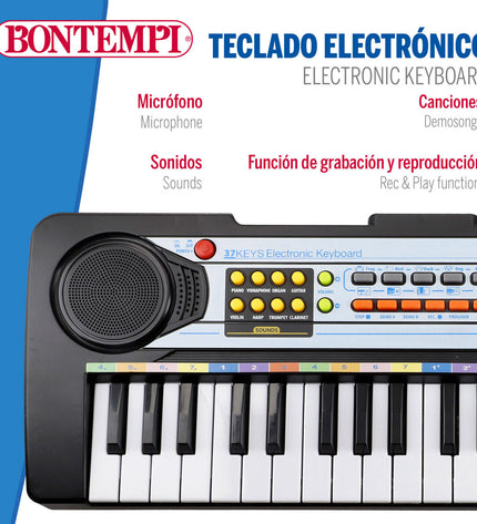 Six Bontempi electronic toy pianos for children, measuring 42x5x16 cm, featuring colorful keys and playful design.
