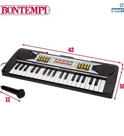 Set of six Bontempi electronic toy pianos, colorful mini musical instruments for children, 42x5x16 cm size.