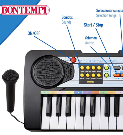 Set of six Bontempi electronic toy pianos, compact 42x5x16 cm, designed for children’s musical and educational play.